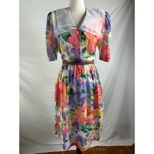 Vintage 80s Floral Day Dress Midi Pastel Belt Collar Cottagecore Girly Dainty 8P